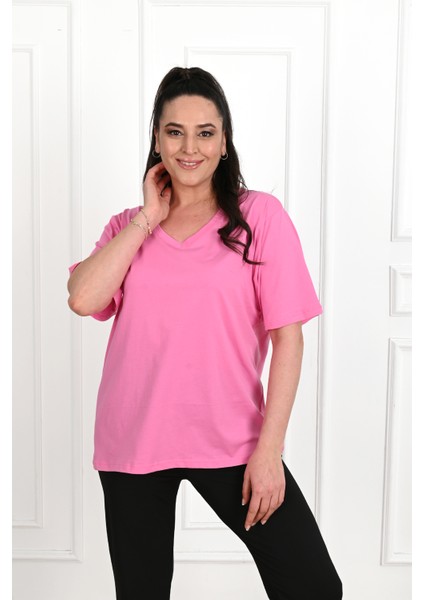 Kadın V Yaka Basic Büyük Beden T-Shirt 1297-22 Truvakar Kol Düz Kahverengi fırsatları