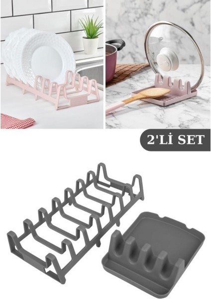 Tencere Kapak Tutucu & Kepçe Kaşık Altlığı ve Tabaklık Kurutmalık Tabak Organizer 2’li Set