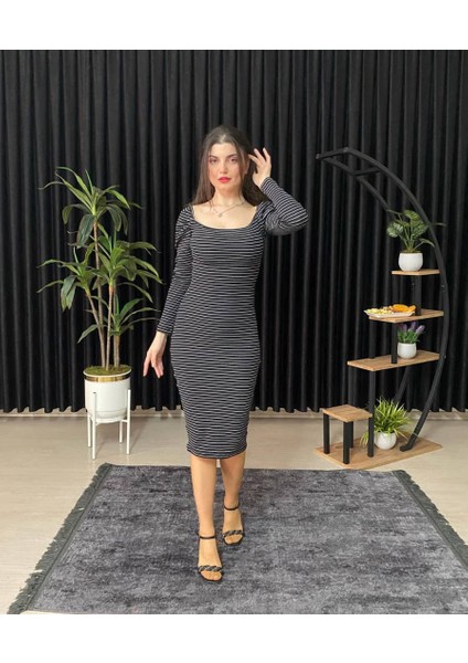Espoirplus Kare Yaka Siyah Renk Vücuda Oturan Midi Boy Pileli Kol Örme Elbise fiyatları