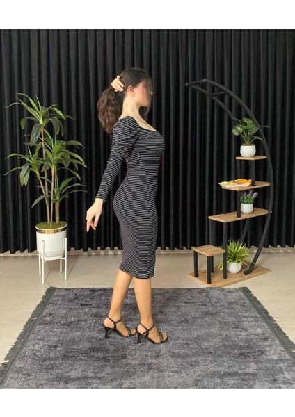 Espoirplus Kare Yaka Siyah Renk Vücuda Oturan Midi Boy Pileli Kol Örme Elbise modelleri