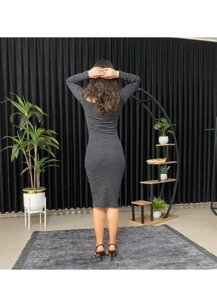 Espoirplus Kare Yaka Siyah Renk Vücuda Oturan Midi Boy Pileli Kol Örme Elbise fırsatları