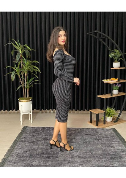 Espoirplus Kare Yaka Siyah Renk Vücuda Oturan Midi Boy Pileli Kol Örme Elbise indirimleri