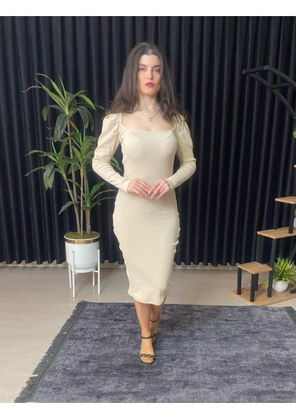 Espoirplus Kare Yaka Siyah Renk Vücuda Oturan Midi Boy Pileli Kol Örme Elbise