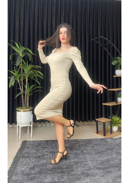 Espoirplus Kare Yaka Siyah Renk Vücuda Oturan Midi Boy Pileli Kol Örme Elbise