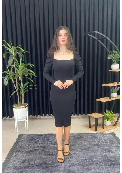 Espoirplus Kare Yaka Siyah Renk Vücuda Oturan Midi Boy Pileli Kol Örme Elbise