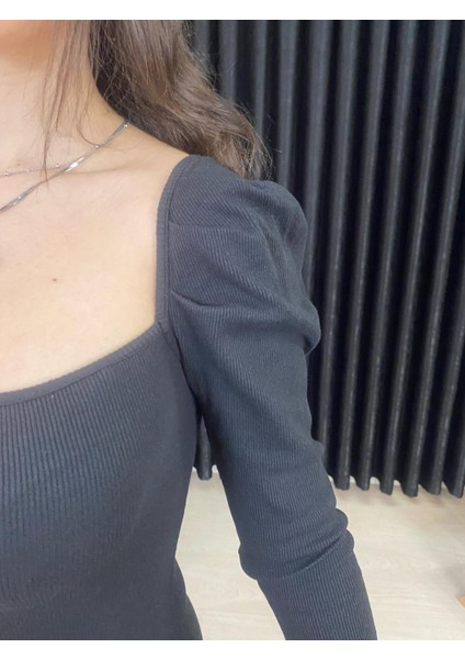 Espoirplus Kare Yaka Siyah Renk Vücuda Oturan Midi Boy Pileli Kol Örme Elbise