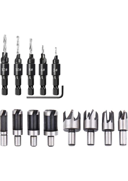 Bradoo-14 Adet Ahşap Fiş Delik Kesici Pahlı Fiş Kesici Matkap Uçları Beş Yuvalı Havşa Matkap 1/4 Inç Altıgen Anahtar Takım Seti (Yurt Dışından)