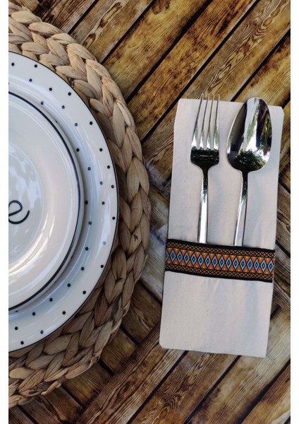 6 Adet Etnik Renkli Şeritli Keten Kaşıklık Servis Sunum fiyatları