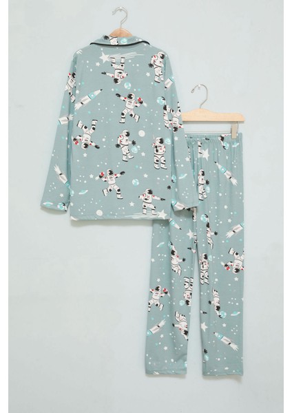 Yeşil Astronot Baskılı Düğmeli Erkek Çocuk Pijama 17722 fiyatları