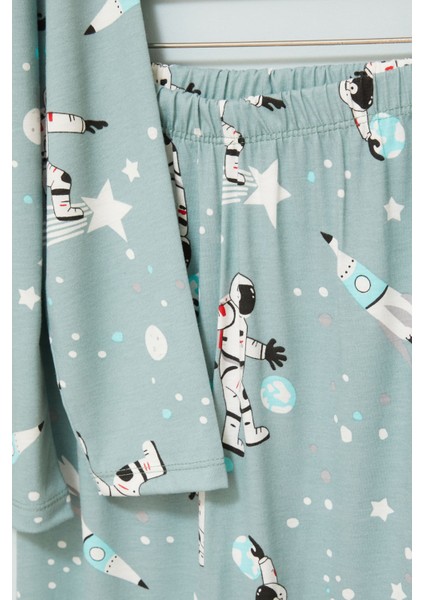 Yeşil Astronot Baskılı Düğmeli Erkek Çocuk Pijama 17722 indirimleri