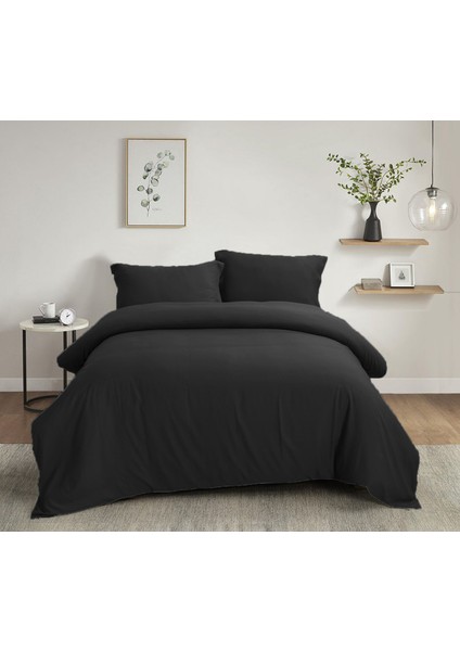 180X200 Battal Boy Nevresim Takımı Lastikli Çarşaf Düz Renk Siyah