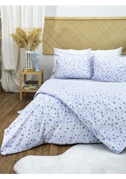 100X200 Pamuklu 63 Tel Mavi-Beyaz Çiçek Desenli Tek Kişilik Nevresim Takımı Mavi