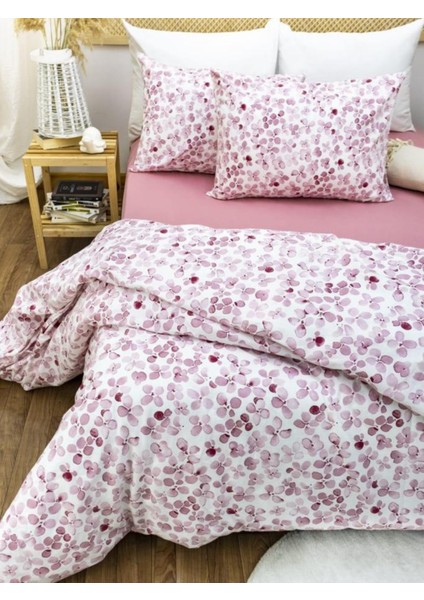 100X200 Pamuklu 63 Tel Pembe Yaprak Desenli Tek Kişilik Nevresim Takımı