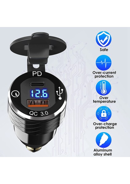 Pd 3.0 Tip C USB Hızlı Şarj Cihazı Din'den Usb'ye ve 12V-24V Motosiklet Için Voltmetreli 18W Qc 3.0 Güç Çıkışı (Yurt Dışından)