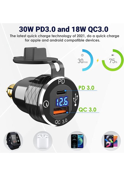 Pd 3.0 Tip C USB Hızlı Şarj Cihazı Din'den Usb'ye ve 12V-24V Motosiklet Için Voltmetreli 18W Qc 3.0 Güç Çıkışı (Yurt Dışından)