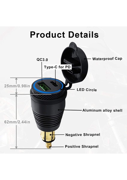 2x Motosiklet Dın Şarj Cihazı - Qc3.0 USB ve Tip C Güç Dağıtımı (Yurt Dışından)
