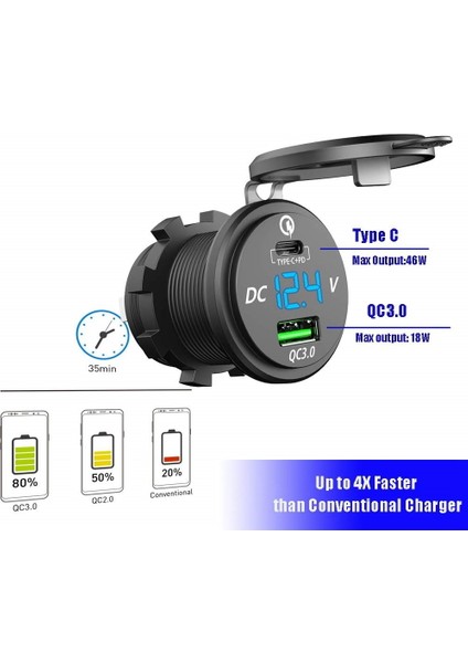 18W Hızlı Şarj 3.0 USB Araç Şarj Cihazı 48W Tip-C Pd Araba, Tekne, Karavan, Motosiklet Için Hızlı Şarj Priz Adaptörü (Yurt Dışından)