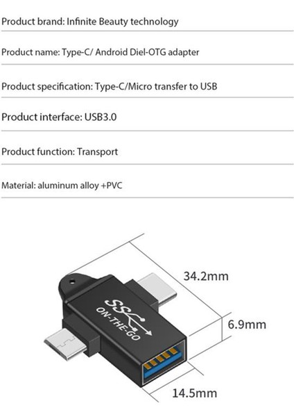 USB C - USB 3.0 Otg Dönüştürücü USB 2'si 1 Arada Tip C Mikro-Otg Adaptör (Yurt Dışından)