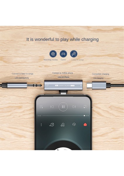 2ın1 USB Type-C - 3,5mm Kulaklık Adaptörü PD60W Hızlı Şarj Kulaklık Ses Dönüştürücü 16BIT/48KHZ Dijital Kod Çözücü, Gri (Yurt Dışından)