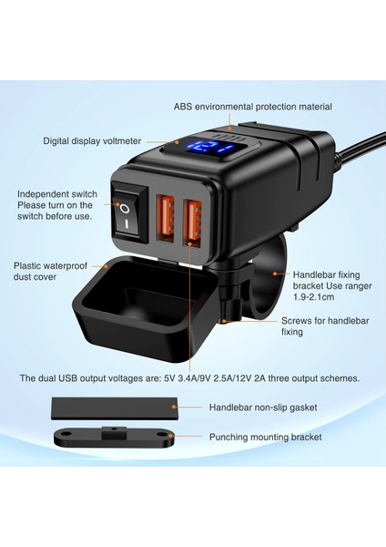 Motosiklet USB Şarj Cihazı, 6.8A Hızlı Şarj 3.0 Çift USB Motosiklet Telefon Şarj Cihazı, Voltmetre ve Açma/kapama Anahtarı ile (Yurt Dışından)