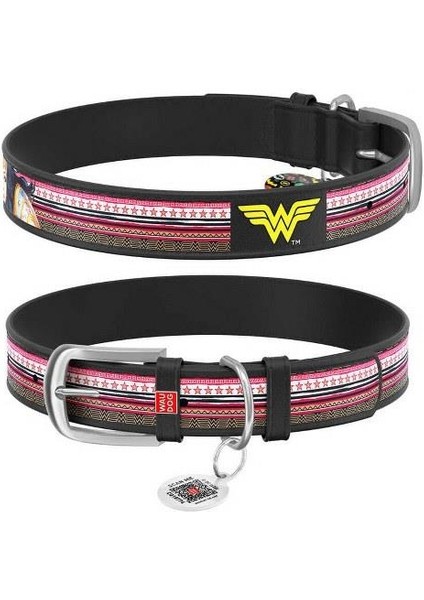 Qr Pasaportlu Deri Köpek Boyun Tasması, Siyah , Wonder Woman Desenli, W 20 Mm, L 29-38 cm