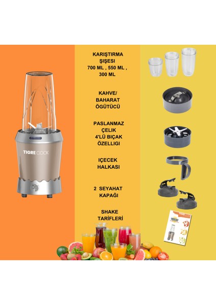 Nutrıshake 3 In 1 Paslanmaz Çelik Bıçaklı Kişisel Smoothie Blender ve Kahve Baharat Öğütücü 1000W