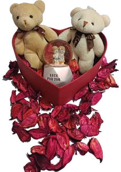 Sevgiliye Kalp Kutuda Sevgililer Kar Küresi Mini Ayıcıklar Hediye Seti