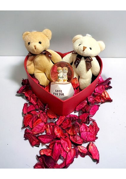 Sevgiliye Kalp Kutuda Sevgililer Kar Küresi Mini Ayıcıklar Hediye Seti modelleri