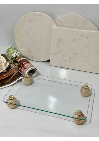 Dikdörtgen Ahşap Top Ayaklı Cam Tepsi Dekoratif Düzenleyici Stant modelleri