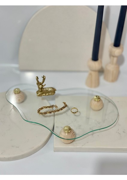 Eğri Formdaki Cam Tepsi Düzenleyici Stant Ahşap Top Ayaklı