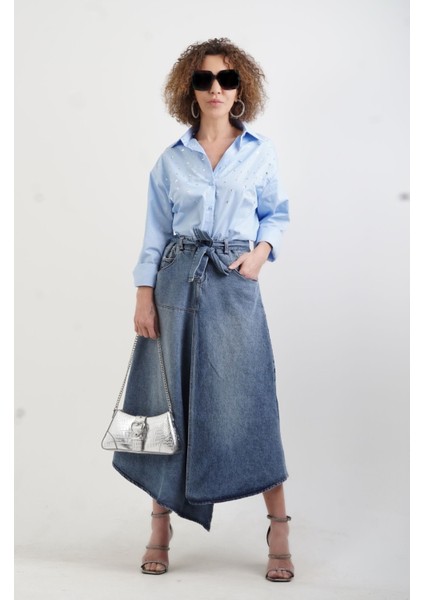 Mavi Beli Lastikli Evaze Denim Etek