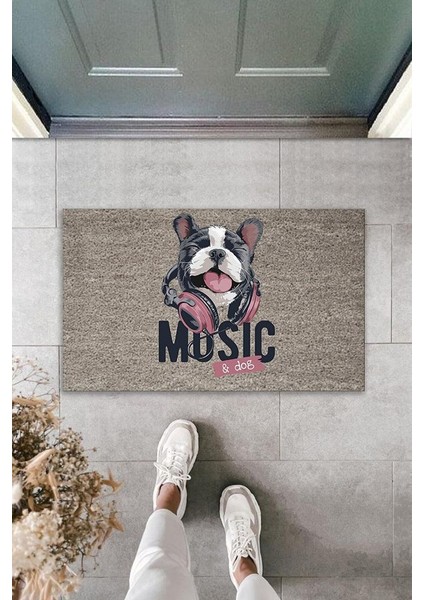 Dijital Baskı Gri Music Yazılı Kulaklıklı Köpek Dekoratif Kapı Paspası K-2043