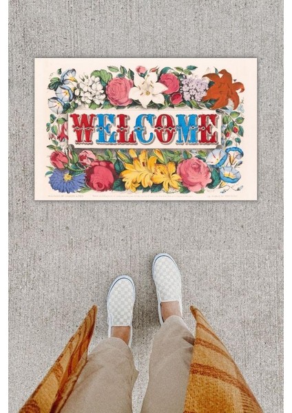 Dijital Baskı Dekoratif Welcome Renkli Kapı Önü Paspası K-1249