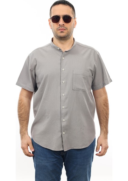 Erkek Büyük Beden Gri Renk Pamuk Hakim Yaka Cepli Kısa Kol Gömlek KK-8015-TSS