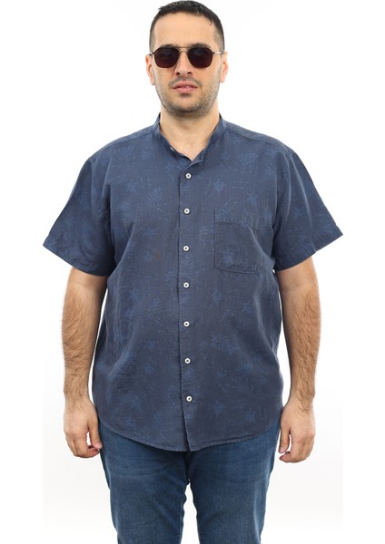 Erkek Büyük Beden Lacivert Renk Yaprak Desenli Keten Hakim Yaka Cepli Kısa Kol Gömlek KK-8006-TSS