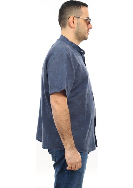 Erkek Büyük Beden Lacivert Renk Yaprak Desenli Keten Hakim Yaka Cepli Kısa Kol Gömlek KK-8006-TSS fiyatları