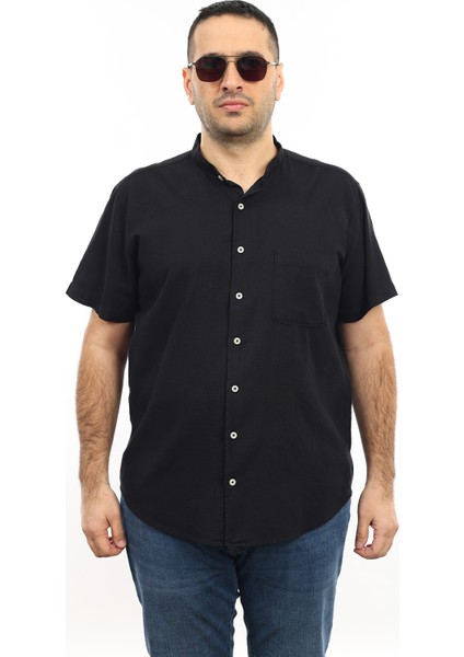 Erkek Büyük Beden Siyah Renk Yaprak Desenli Keten Hakim Yaka Cepli Kısa Kol Gömlek KK-8007-TSS