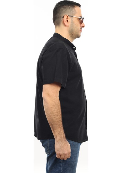 Erkek Büyük Beden Siyah Renk Yaprak Desenli Keten Hakim Yaka Cepli Kısa Kol Gömlek KK-8007-TSS fiyatları