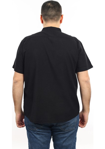 Erkek Büyük Beden Siyah Renk Yaprak Desenli Keten Hakim Yaka Cepli Kısa Kol Gömlek KK-8007-TSS modelleri