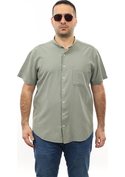 Erkek Büyük Beden Mint Yeşili Pamuk Hakim Yaka Cepli Kısa Kol Gömlek KK-8012-TSS