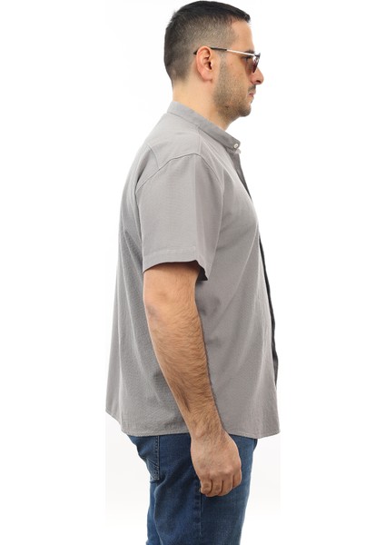 Erkek Büyük Beden Gri Renk Pamuk Hakim Yaka Cepli Kısa Kol Gömlek KK-8015-TSS fiyatları