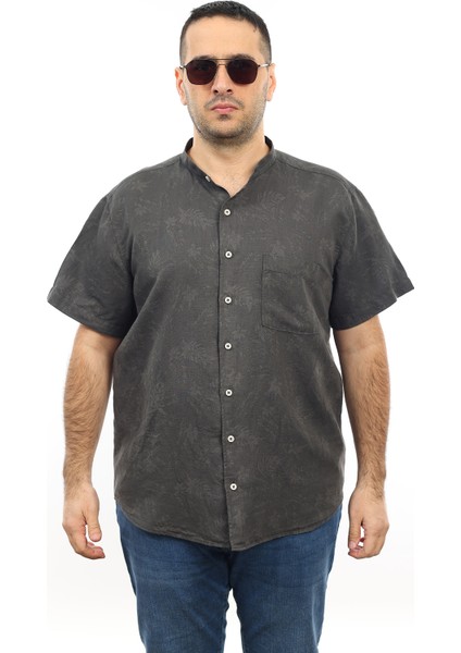 Erkek Büyük Beden Antrasit Renk Yaprak Desenli Keten Hakim Yaka Cepli Kısa Kol Gömlek KK-8004-TSS