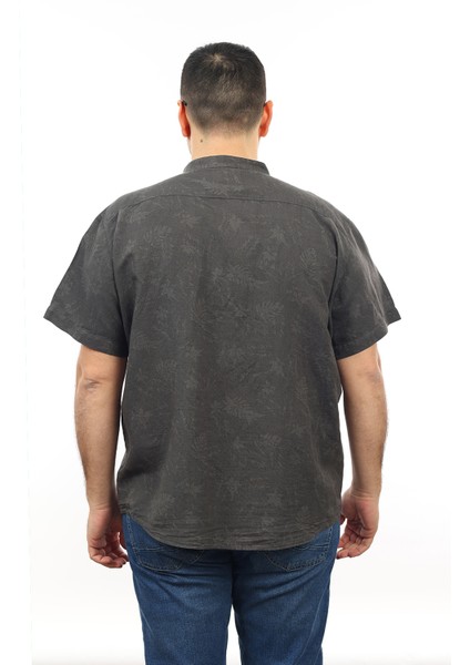 Erkek Büyük Beden Antrasit Renk Yaprak Desenli Keten Hakim Yaka Cepli Kısa Kol Gömlek KK-8004-TSS fiyatları