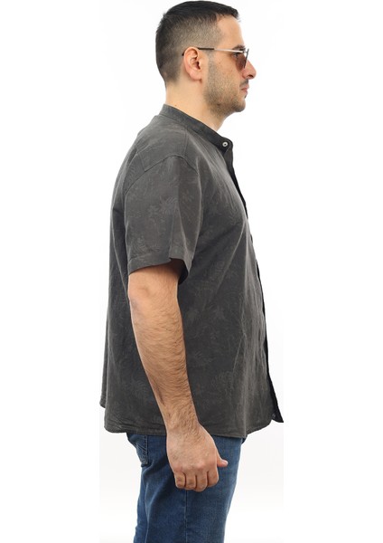 Erkek Büyük Beden Antrasit Renk Yaprak Desenli Keten Hakim Yaka Cepli Kısa Kol Gömlek KK-8004-TSS modelleri