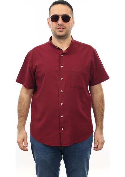 Erkek Büyük Beden Bordo Renk Pamuk Hakim Yaka Cepli Kısa Kol GÖMLEKKK-8017-TSS