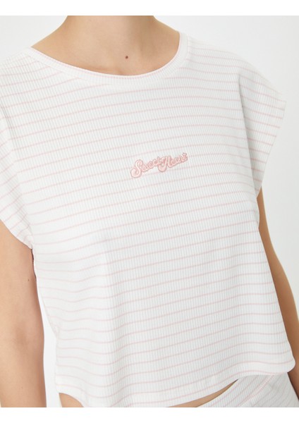 Crop Pijama Üstü Kısa Kollu Bisiklet Yaka Nakışlı Fitilli Viskon Karışımlı indirimleri