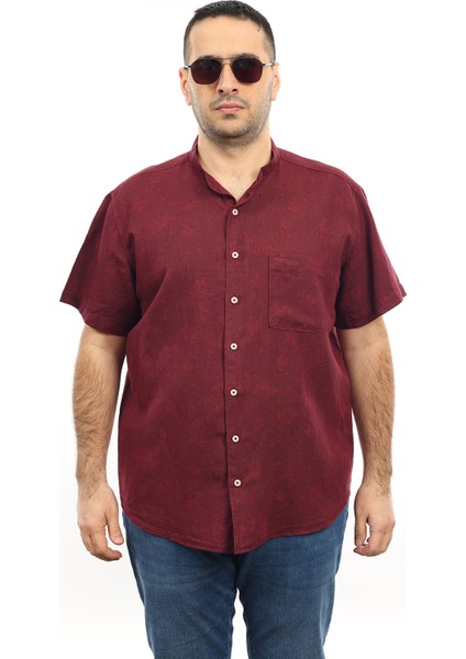 Erkek Büyük Beden Bordo Renk Yaprak Desenli Keten Hakim Yaka Cepli Kısa Kol Gömlek KK-8005-TSS