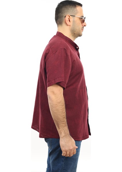 Erkek Büyük Beden Bordo Renk Yaprak Desenli Keten Hakim Yaka Cepli Kısa Kol Gömlek KK-8005-TSS fiyatları