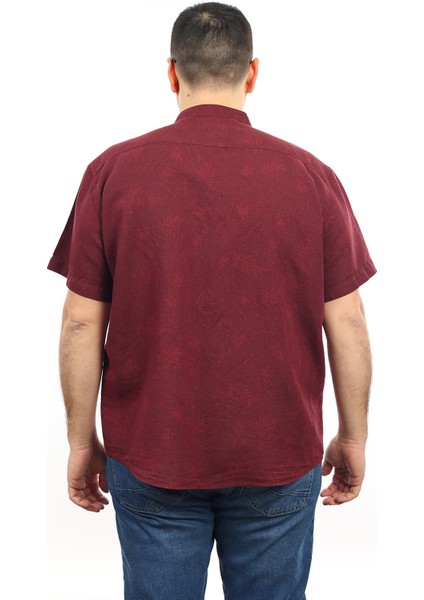 Erkek Büyük Beden Bordo Renk Yaprak Desenli Keten Hakim Yaka Cepli Kısa Kol Gömlek KK-8005-TSS modelleri