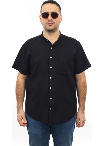 Erkek Büyük Beden Siyah Renk Pamuk Hakim Yaka Cepli Kısa Kol Gömlek KK-8019-TSS